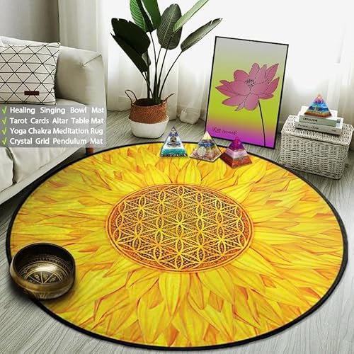 SANBEC Goldene Sonnenblume, Blume des Lebens, runder Teppich, Kinder-Wohnzimmer-Bodenmatte, waschbare Bodenmatte, Yoga-Matte, Schlafzimmerstuhl, weiche Bodenmatte von SANBEC