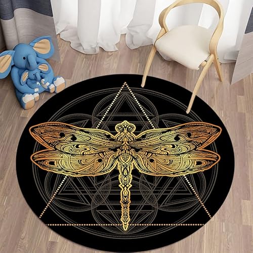 SANBEC Goldener Libellen-Muster-runder Teppich, weiche Stuhlmatte, rutschfeste Badezimmer-Bodenmatte, Kinderzimmer-Teppich, Fußmatte, Bereichsteppich von SANBEC
