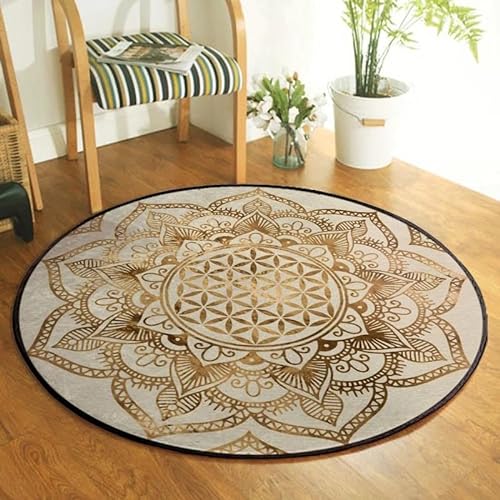 SANBEC Goldener Mandala-Blume des Lebens, runder Teppich, für Wohnzimmer, Zuhause, Bodenmatte, Schlafzimmer, dekorativer Teppich, Badezimmer, Rutschfester Eingangstür-Teppich von SANBEC