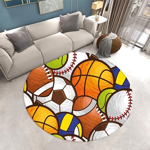 SANBEC Handbemalter Basketball-Fußball-Tennis-runder Teppich für Wohnzimmer, Schlafzimmer, Heimdekoration, Kissen, hängender Korb, rutschfeste Matte am Bett von SANBEC