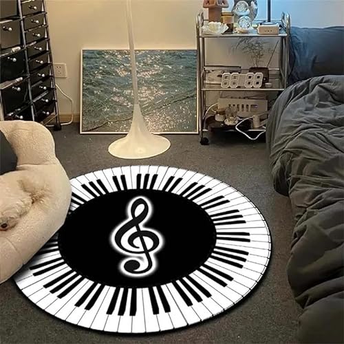 SANBEC Klavier schwarz und weiß Tasten Musik Symbole runder Teppich Wohnzimmer Schlafzimmer Teppich Heimdekoration Kissen Hängekorb Zimmer Nachttisch Anti-Rutsch-Matte von SANBEC