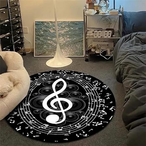 SANBEC Kreatives Schwarz-Weiß-Musiksymbol, runder Teppich, Schlafzimmer, Kommode, Computerstuhl, Rutschfester Freizeitteppich, Heimbalkon-Sofa-Teppich von SANBEC
