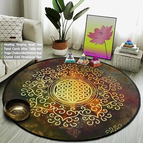 SANBEC Retro Mandala Blume des Lebens runder Teppich Wohnzimmer Schlafzimmer Dekoration lässiger Teppich rutschfeste Bodenmatte Wohnzimmer Kinderspielmatte von SANBEC