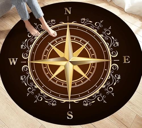 SANBEC Runder Teppich mit floralem goldenem Kompass, für Fitnessstudio, runder Teppich, Yoga-Meditationsmatte, rutschfeste Stuhlkissen-Dekoration von SANBEC