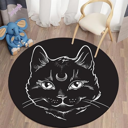 SANBEC Runder Teppich mit schwarzem Katzenmuster, Drehstuhl, Bodenmatte, Wohnzimmer-Dekoration, Heim-Schlafzimmer-Teppich, Sofa-Couchtisch-Teppich von SANBEC
