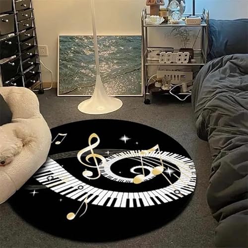 SANBEC Schwarz-weiße Klaviertasten, Musiksymbole, runder Teppich, Wohnzimmer-Fußmatten, Schlafzimmer, Badezimmer, Fußmatten, Kinderheimdekoration, rutschfeste Fußmatten von SANBEC