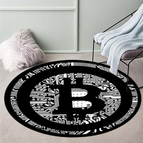 SANBEC Schwarz-weißer Bitcoin-Druck, runder Teppich, weiche Stuhlmatte, rutschfeste Badezimmer-Bodenmatte, Kinderzimmer-Teppich, Fußmatte, Bereichsteppich von SANBEC