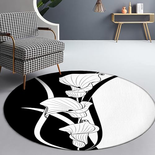 SANBEC Schwarz-weißer Blumendruck runder Teppich Wohnzimmer Schlafzimmer Teppich Heimdekoration Kissen Hängekorb Zimmer Nachttisch Anti-Rutsch-Matte von SANBEC