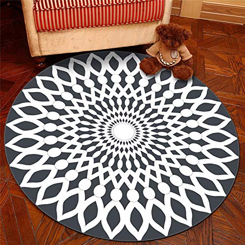 SANBEC Schwarz-weißer Chakra-Lotus-runder Teppich, Wohnzimmer-Bodenmatte, Schlafzimmer, Badezimmer, Bodenmatte, Kinderheimdekoration, rutschfeste Fußmatte von SANBEC