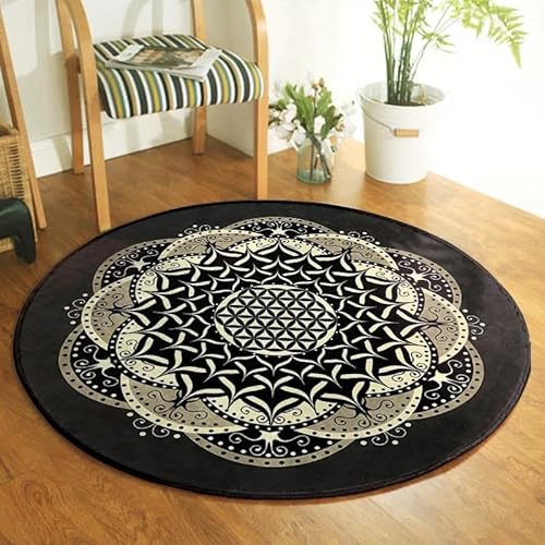 SANBEC Schwarzer Mandala-Blume des Lebens, runder Teppich, geeignet für Jungen, Stuhlmatte, Kinderbodenteppich, Tatami-Matte, modische Wohnzimmer-Bodenmatte von SANBEC