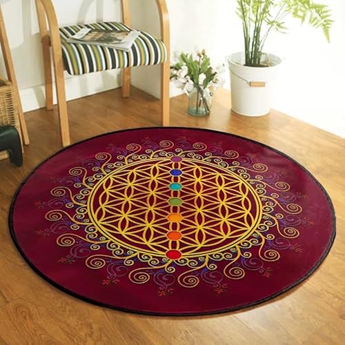 SANBEC Sieben Chakra Blume des Lebens runder Teppich Wohnzimmer Schlafzimmer Teppich Heimdekoration Kissen Hängekorb Zimmer Nachttisch Anti-Rutsch-Matte von SANBEC