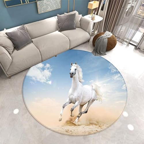 SANBEC Weißes Tierpferd 3D-Gedruckter runder Teppich Kinder-Wohnzimmer-Bodenmatte Yoga-Matte Schlafzimmerstuhl rutschfeste Matte dekoratives Geschenk von SANBEC