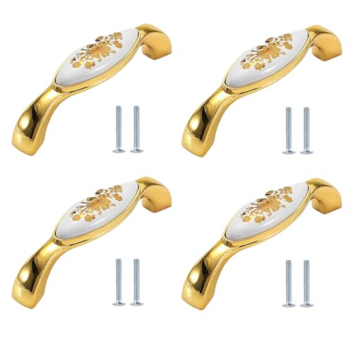 SANCHAKOU Schubladengriffe 4 Stück Keramikgriff Gold Schrank Kleiderschrank Schublade Zieht C Typ 96mm Gold Blume von SANCHAKOU