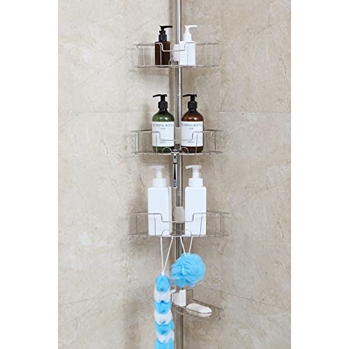 Duschablage EckOrganizer für Badezimmer Caddy Regale Cirner Aufbewahrung Badewanne Shampoo Halter Rack mit rostfreier EdelstahlSpannstange 4stöckig Verstellbarer Ständer auf Boden 2543302 cm Höhe von SANDEGOO