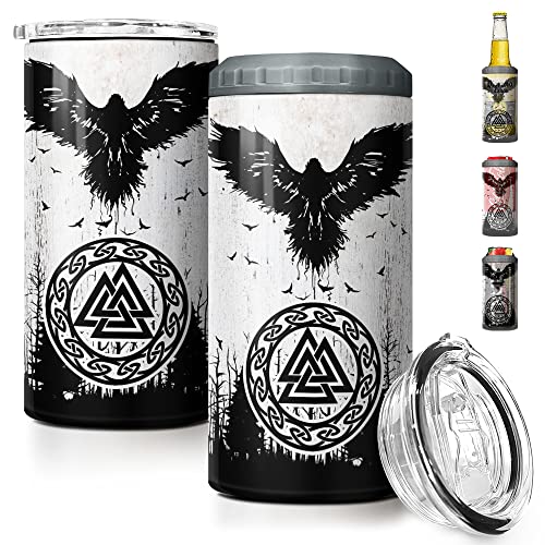 SANDJEST Viking Tumbler Raven Celtic 4-in-1 473 ml Becher Dose Kühler Coozie Skinny Edelstahl Tumbler Geschenk für Männer Vater Sohn Weihnachten Geburtstag von SANDJEST