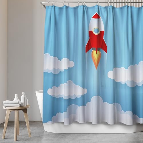 SANFINO® Duschvorhang 180x200 inkl. 12 Ringe - Wasserdichter Duschvorhang mit Motiv für Badewanne und Dusche, Anti-Schimmel Duschvorhang Textil, Antibakteriell & Öko-Tex Zertifiziert - Rocket von SANFINO