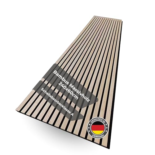 Sanfino Bambus Akustikpaneele 240x60 Echtholz OHNE Furnier (1 Stk./1,44m²) – 2,2cm hohe 3D Wandpaneele mit schwarzem Filz – Schallschutz Klasse A – Wandverkleidung innen für Wohnzimmer, Studio & Büro von SANFINO