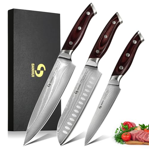 SANHUI 3er Damastmesser Set,Küchenmesser Set aus 67 Lagen Damaststahl mit Pakkaholzgriff,Profi Damast Messer Set in Geschenkbox – Ideal für Profiköche und Hobbyköche SANHUI 3er Damastmesser Set,Küchenmesser Set aus 67 Lagen Damaststahl mit Pakkaholzgriff,Profi Damast Messer Set in Geschenkbox – Ideal für Profiköche und Hobbyköche von SANHUI