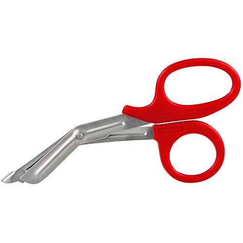 SANISMART Universalschere 19 cm | Kniegebogene, gezahnte Verbandschere | Rostfrei & autoklavierbar | Kunststoffgriff | Erste-Hilfe-Schere für Rettungseinsätze | Rot von SANISMART