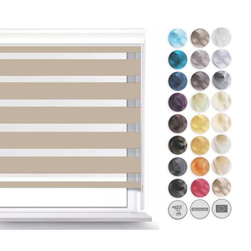 Premium Rollos für Fenster Ohne Bohren I Doppelrollo Klemmfix Ohne Bohren I Fenster Rollos für Innen I Rollo 120x120cm - Sandstrand von SANITEASY