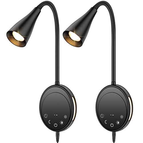 SANKEDOU LED Wandleuchte, Buch Licht zum Lesen im Bett mit Touch Control, 5 Dimmbar, USB Ausgang, Nachtlicht Timer Funktion, Flexible Schwanenhals Kopfteil Bettleuchten (Schwarz-2P) von SANKEDOU