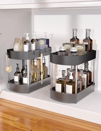 SANKEYTEW 2 Stück Unter Waschbecken Regal,2 Etagen Spülschrank Organizer,Unterschrank Organizer mit 6 Haken,Unterschrank Organizer,Küchen Organizer（Schwarz） von SANKEYTEW
