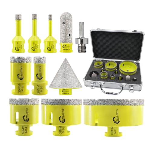 SANLEETEK Diamant Fliesenbohrer Set 11Stücke (6/8/10/20/35/50/68/100+20mm Fingerfräser+50mm Diamant Fasenbohrer+Adapter) Diamant Lochsäge Set für Keramische Fliesen Porzellan Marmor Granit M14 Gewinde von SANLEETEK