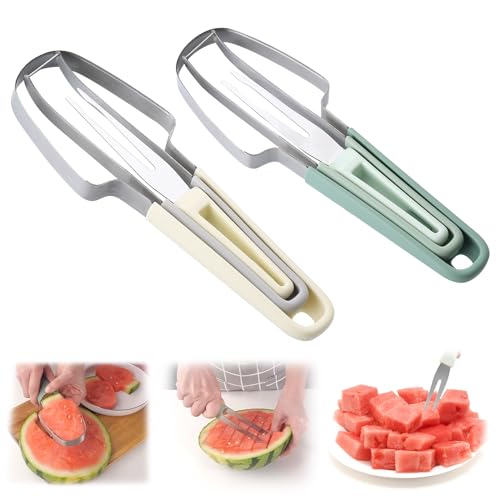 SANLIUSANJIU 2 Stück Melonenschneider Obstschneider, Wassermelonen-Fruchtschneidegabel, 3-in-1 Obstschneider aus Edelstahl, Sommer Wassermelonen -Schneidewerkzeug, für Wassermelone Drachenfrucht etc von SANLIUSANJIU