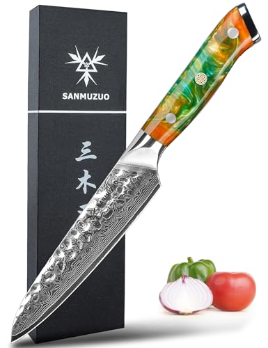 SANMUZUO 13 cm Allzweckmesser für Obst und Gemüse - Profi Kochmesser, Gehämmertem Damaskus Stahl und Harz Griff - Yao Serie Damastmesser von SANMUZUO