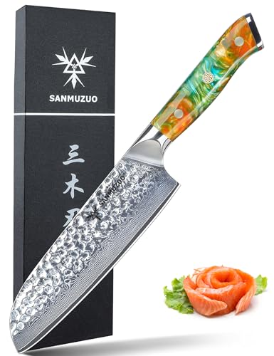 SANMUZUO 18 cm Santokumesser - Japanisches Kochmesser - Gehämmertem Damaststahl und Harz Griff - YAO Serie Damastmesser von SANMUZUO