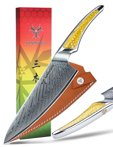 SANMUZUO 20,5CM Kochmesser, Küchenmesser aus Japanischem VG-10-Damaststahl, ultrascharfes Kochmesser mit Ergonomischer Griff in Gelb Harz, Serie LA-S9 SANMUZUO 20,5CM Kochmesser, Küchenmesser aus Japanischem VG-10-Damaststahl, ultrascharfes Kochmesser mit Ergonomischer Griff in Gelb Harz, Serie LA-S9 von SANMUZUO
