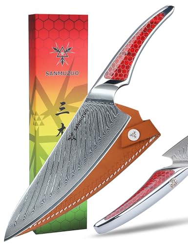 SANMUZUO 20,5CM Kochmesser, Küchenmesser aus Japanischem VG-10-Damaststahl, ultrascharfes Kochmesser mit Ergonomischer Griff in Rot Harz, Serie LA-S9 SANMUZUO 20,5CM Kochmesser, Küchenmesser aus Japanischem VG-10-Damaststahl, ultrascharfes Kochmesser mit Ergonomischer Griff in Rot Harz, Serie LA-S9 von SANMUZUO