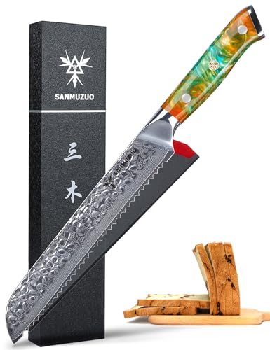 SANMUZUO 20 cm Brotmesser - Klingenblatt mit Wellenschliff - Gehämmertem Damaststahl und Harz Griff - YAO Serie Damastmesser von SANMUZUO