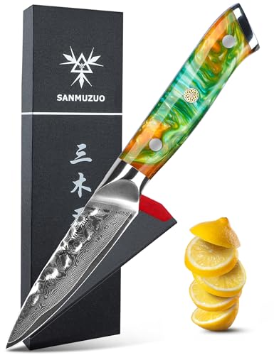 SANMUZUO 9 cm Paring Messer für Obst und Gemüse Schälmesser, Gehämmertem Damaskus Stahl und Harz Griff - Yao Serie Damastmesser von SANMUZUO