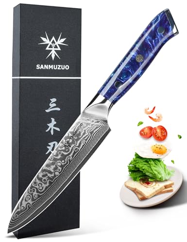 SANMUZUO Allzweckmesser Damastmesser 13 cm Klingenlänge - Japanisches Kochmesser - VG 10 Damaskus Stahl Küchenmesser mit Harzgriff - Xuan Serie(Saphirblau) von SANMUZUO