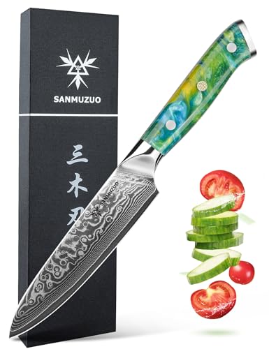 SANMUZUO Allzweckmesser Damastmesser 13 cm Klingenlänge - Japanisches Kochmesser - VG 10 Damaskus Stahl Küchenmesser mit Harzgriff - Xuan Serie(Smaragd Grün) von SANMUZUO