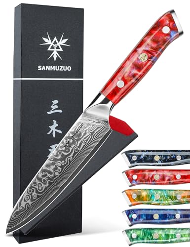 SANMUZUO Allzweckmesser Damastmesser 13 cm Klingenlänge - Japanisches Kochmesser - VG 10 Damaskus Stahl Küchenmesser mit Harzgriff - Xuan Serie(Sonnenuntergang Rot) von SANMUZUO