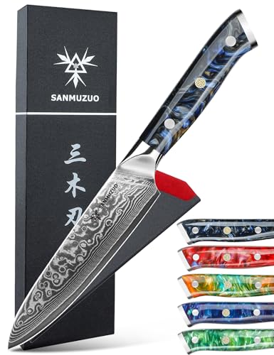 SANMUZUO Allzweckmesser Damastmesser 13 cm Klingenlänge - Japanisches Kochmesser - VG 10 Damaskus Stahl Küchenmesser mit Harzgriff - Xuan Serie(Sternenschwarz) von SANMUZUO