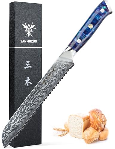 SANMUZUO Brotmesser mit Wellenschliff, Damastmesser 20 cm Klinge - Damaskus Stahl Küchenmesser mit Harzgriff - Xuan Serie(Saphirblau) von SANMUZUO