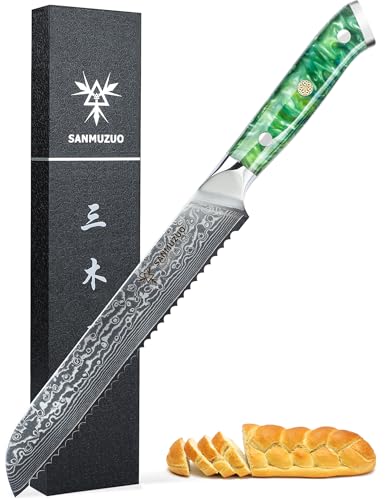SANMUZUO Brotmesser mit Wellenschliff, Damastmesser 20 cm Klinge - Damaskus Stahl Küchenmesser mit Harzgriff - Xuan Serie(Smaragd Grün) von SANMUZUO