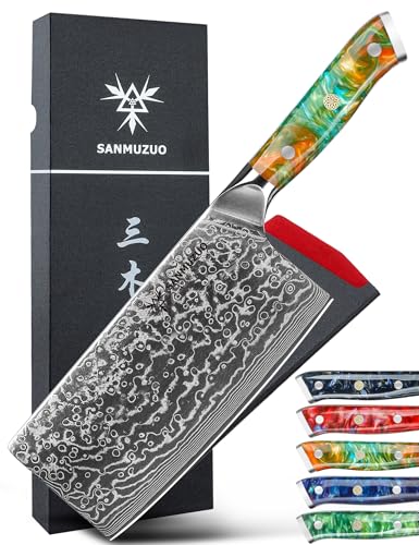 SANMUZUO Chinesisches Kochmesser 18 cm Profi Küchenmesser Damastmesser, Xuan Serie, VG10 Damaskus Stahl Küchenmesser mit Harz Griff(Dream Orange) von SANMUZUO