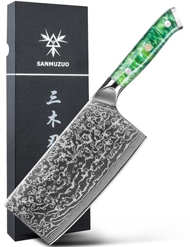 SANMUZUO Chinesisches Kochmesser 18 cm Profi Küchenmesser Damastmesser, Xuan Serie, VG10 Damaskus Stahl Küchenmesser mit Harz Griff(Smaragd Grün) von SANMUZUO