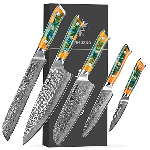 SANMUZUO Damaskus Stahl 5-teiliges Küchenmesserset, Profi japanisches Stil Messer, Gehämmertem Damaskus Stahl und Harz Griff - Yao Serie Damastmesser von SANMUZUO