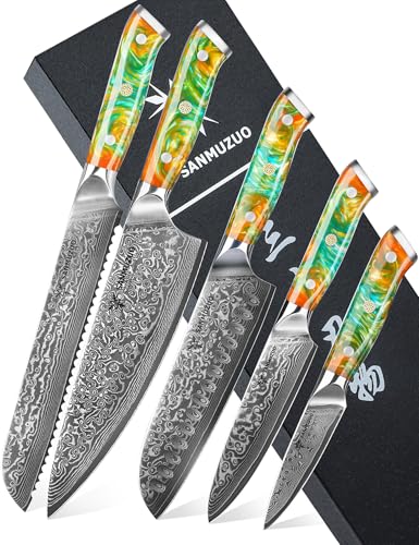SANMUZUO Damast Küchenmesser Set, Chef Damastmesser Kochmesser Set- Küchenmesser Set von 5-Stück, Ultra-Sharp VG10 Damaskus Stahl mit Harz Griff, Xuan Serie(Dream Orange) von SANMUZUO