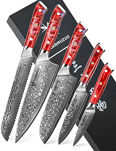 SANMUZUO Damast Küchenmesser Set, Chef Damastmesser Kochmesser Set- Küchenmesser Set von 5-Stück, Ultra-Sharp VG10 Damaskus Stahl mit Harz Griff, Xuan Serie(Sonnenuntergang Rot) von SANMUZUO