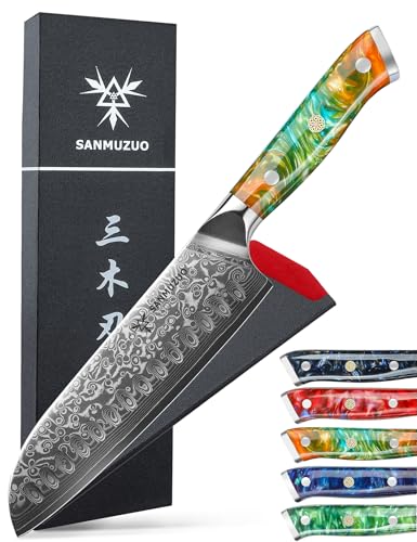 SANMUZUO Damastmesser 18 cm Santokumesser - Japanisches Kochmesser - VG 10 Damaskus Stahl Küchenmesser mit Harzgriff - Xuan Serie(Dream Orange) von SANMUZUO