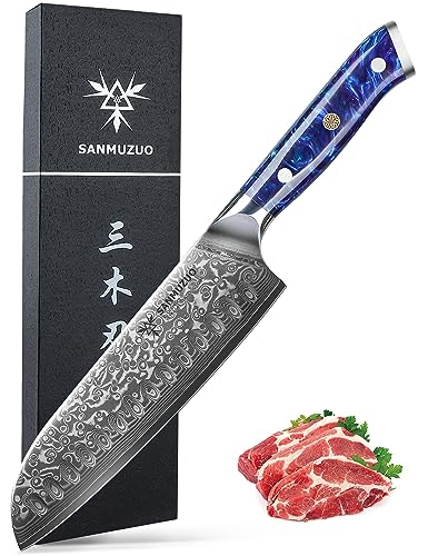 SANMUZUO Damastmesser 18 cm Santokumesser - Japanisches Kochmesser - VG 10 Damaskus Stahl Küchenmesser mit Harzgriff - Xuan Serie(Saphirblau) von SANMUZUO