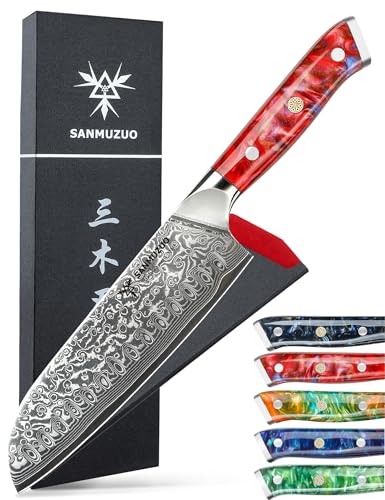 SANMUZUO Damastmesser 18 cm Santokumesser - Japanisches Kochmesser - VG 10 Damaskus Stahl Küchenmesser mit Harzgriff - Xuan Serie(Sonnenuntergang rot) von SANMUZUO