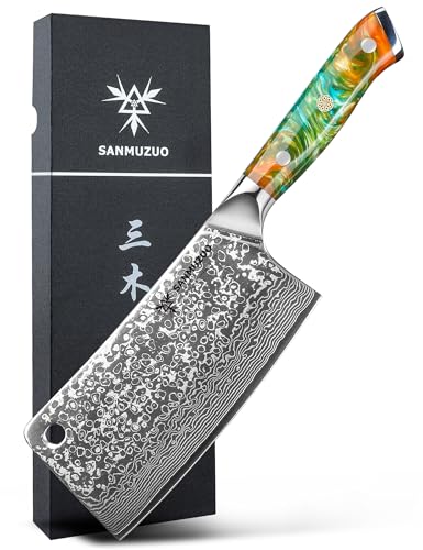 SANMUZUO Hackmesser 17 cm Profi Metzgermesser Damastmesser, Xuan Serie, VG10 Damaskus Stahl Küchenmesser mit Harz Griff(Dream Orange) von SANMUZUO