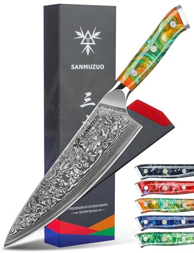 SANMUZUO Kochmesser - 20cm - Xuan Serie - VG10 Damaskus Stahl Küchenmesser - Harzgriff(Fantastisches Orange) von SANMUZUO